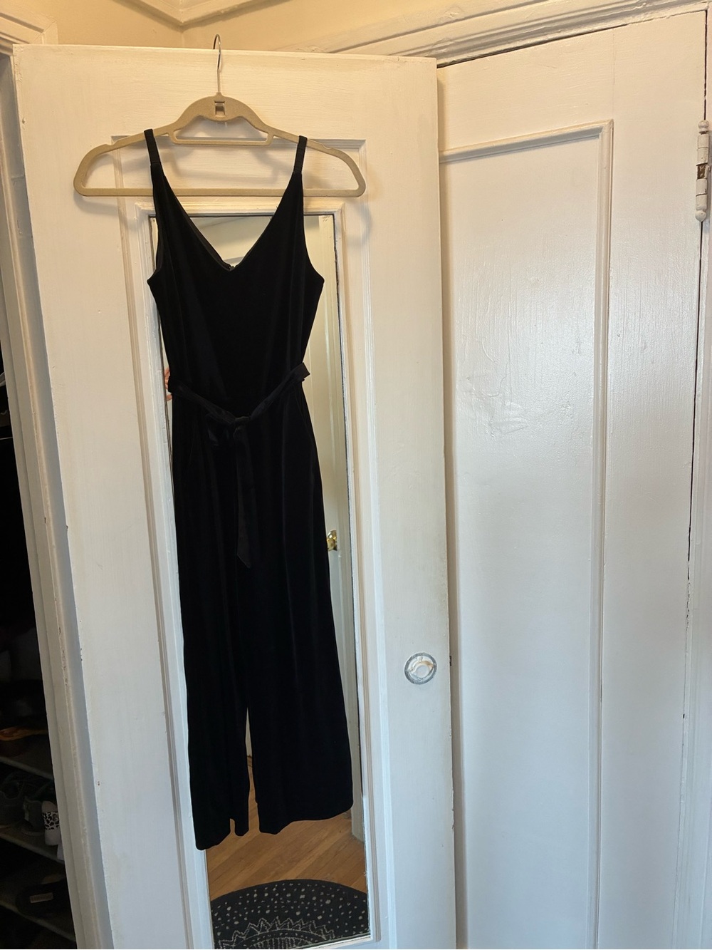 Banana Republic Black Velvet V-Neck Jumpsuit with Waist Tie